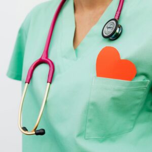 A healthcare professional with a stethoscope and red heart symbol emphasizes cardiology care.